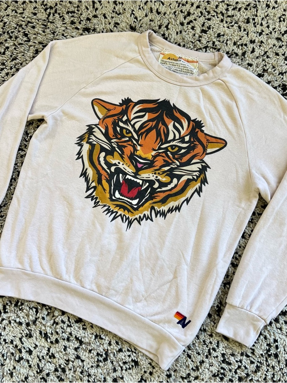 Aviator Nation Tiger Sweatshirt Light Beige Cream Lightweight Crewneck Medium - Picture 4 of 14